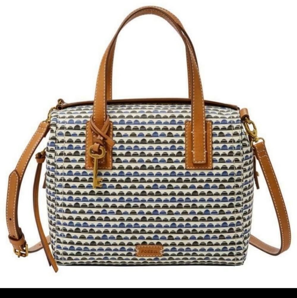 Fossil Emma Satchel in Blue Geometric Print